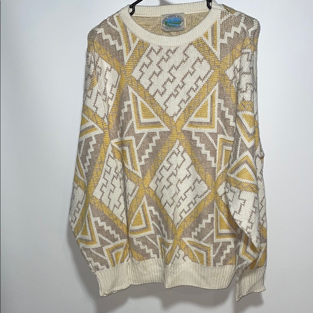 Vintage Cream and Yellow Crewneck Sweater with Geometric Pattern